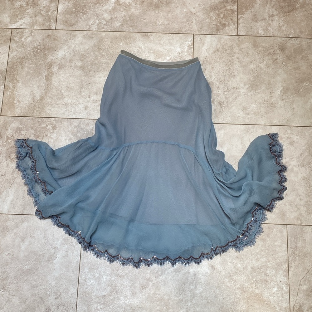 Rebecca Taylor light blue slip skirt w/ sequence and beads bias cut lined silk